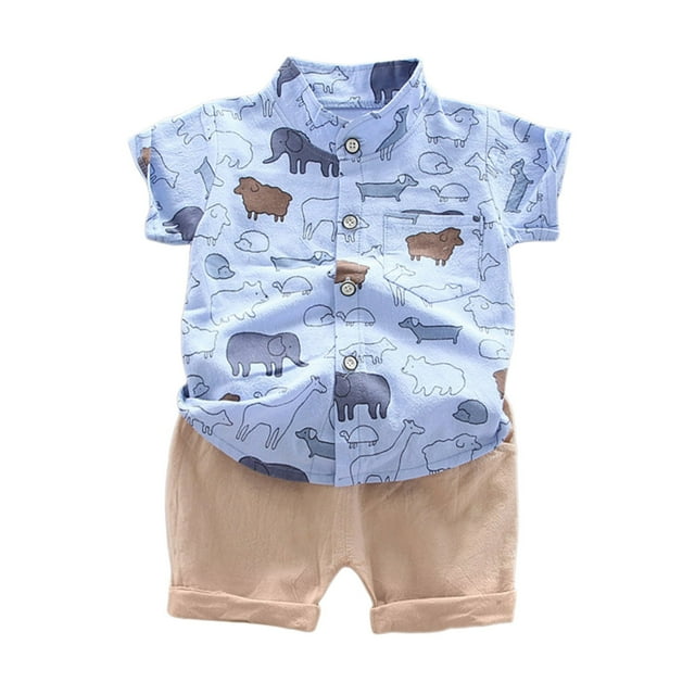 Hiiyo Toddler Boys Outfits Cartoon Animal Print Short Sleeve Button Up Shirt Shorts Set