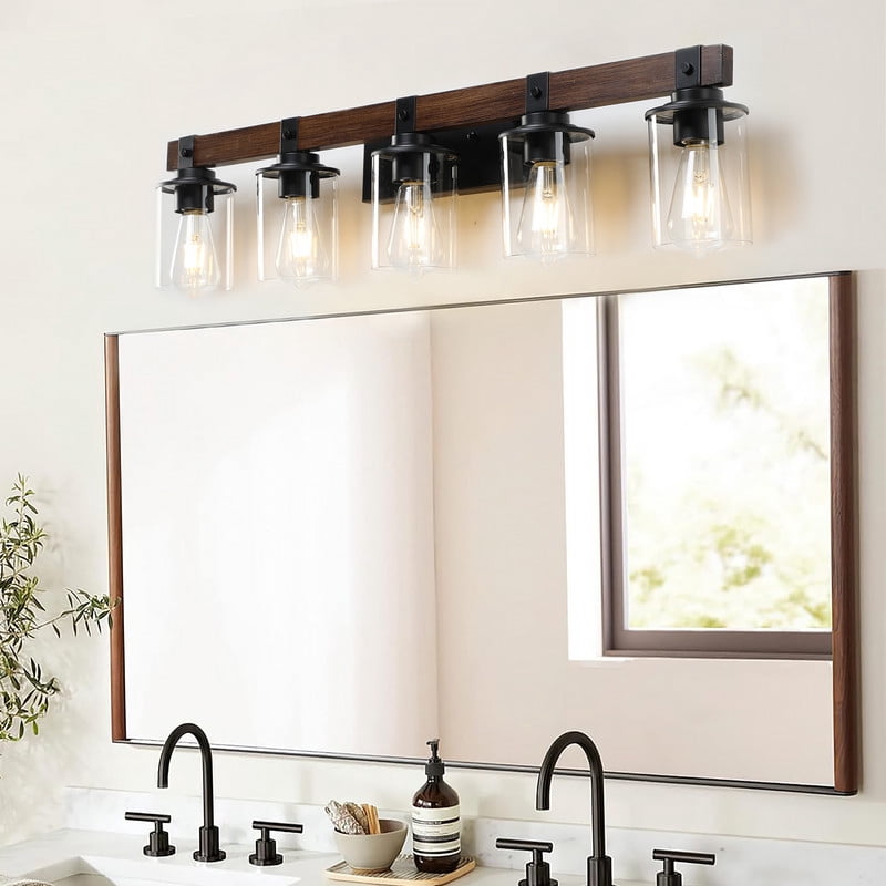 35" Rustic 5-Light Bathroom Vanity Light Fixture, Industrial Wall Sconce with Wood Accent and Clear Glass Shades (Bulbs Not Included)
