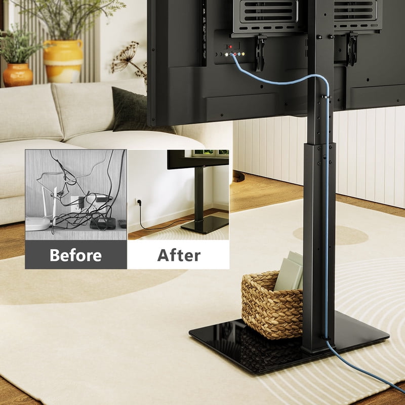 FITUEYES Modern Black Swivel Floor TV Stand with Power Strip for TVs up to 70 inch Metal Base