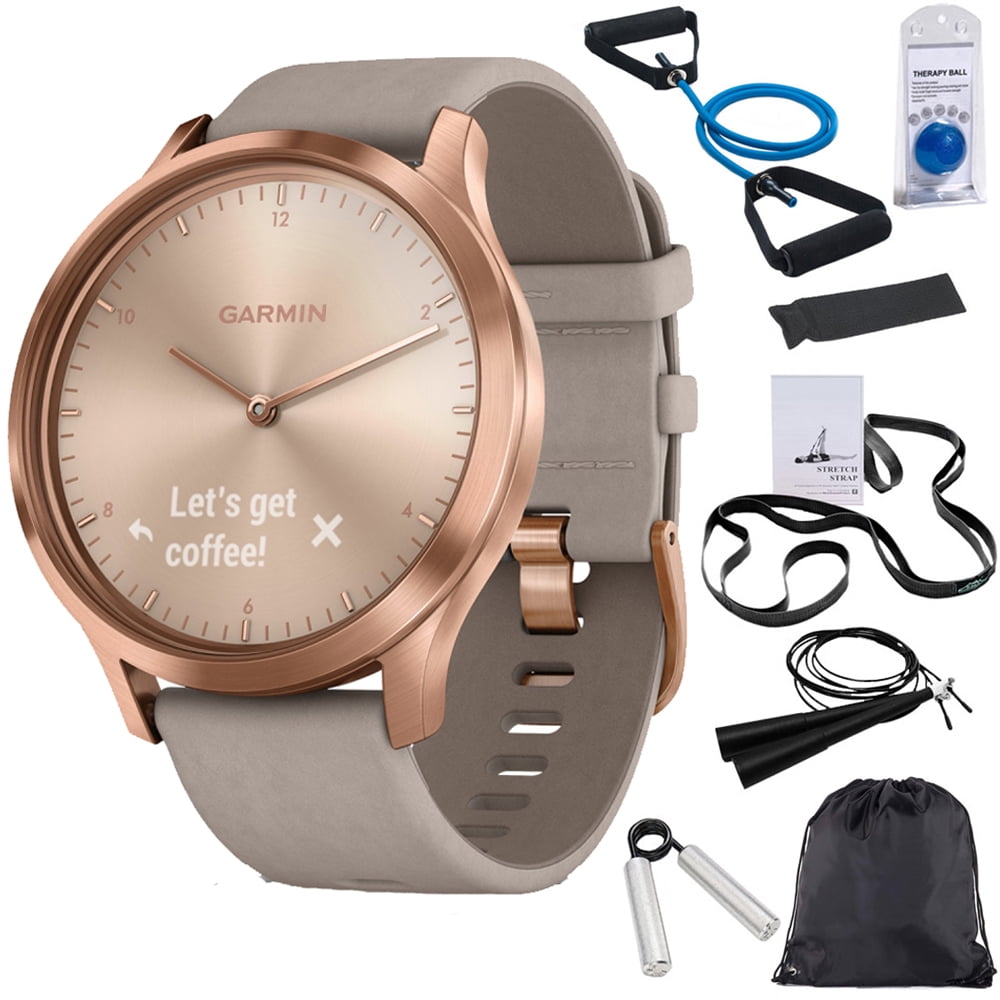 Garmin Vivomove HR Premium Rose Gold w/ Gray Suede Band + Extra Band  Granite Blue (010-01850-19) with Deco Gear 7-Piece Fitness Kit
