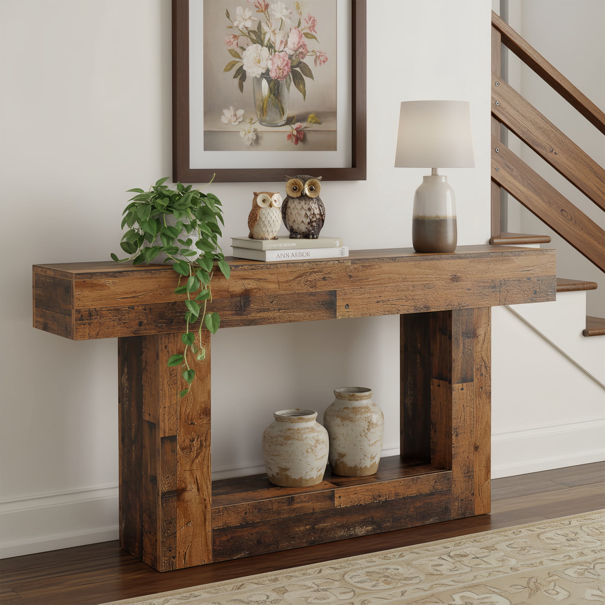 63" Farmhouse 2-Tier Console Table, U-Shaped Base Entryway Table, Narrow Wood Sofa Table Behind Couch for Living Room & Hallway (Mix Brown)