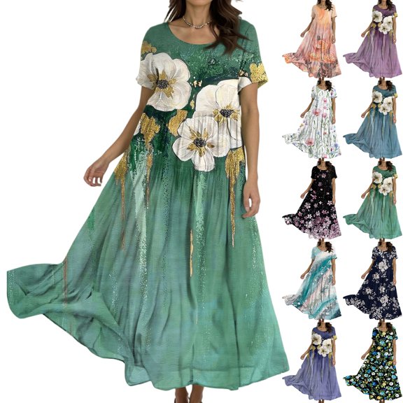 KLHDSF Dresses For Women Bohemian Floral Print Short Sleeve Dress Loose Casual Summer Vacation Black L