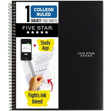 Five Star Spiral Notebook, 1 Subject, College Ruled Paper, 100 Sheets, 11" x 8-1/2", School, Wired, Black (72057)