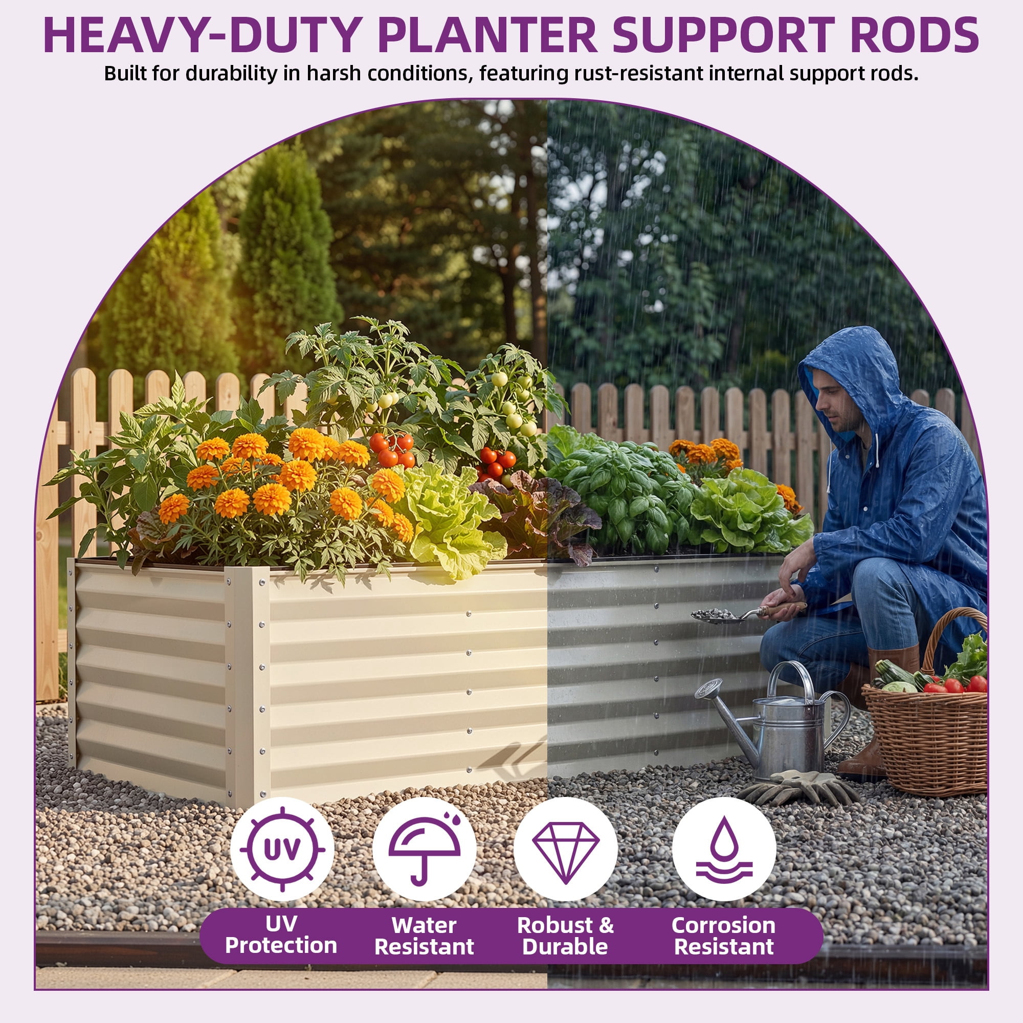 Uforic 8x4x3ft 1 Pack Galvanized Metal Raised Garden Bed Kit with Gloves, Support Rod and Safety Rubber, Cream White