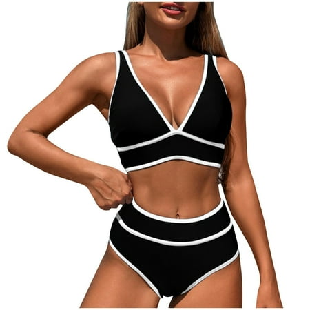 Hfyihgf High Waisted Bikini Sets for Women V Neck Color Block Two Piece Swimsuits Cheeky Push Up Bathing Suit(Black M)