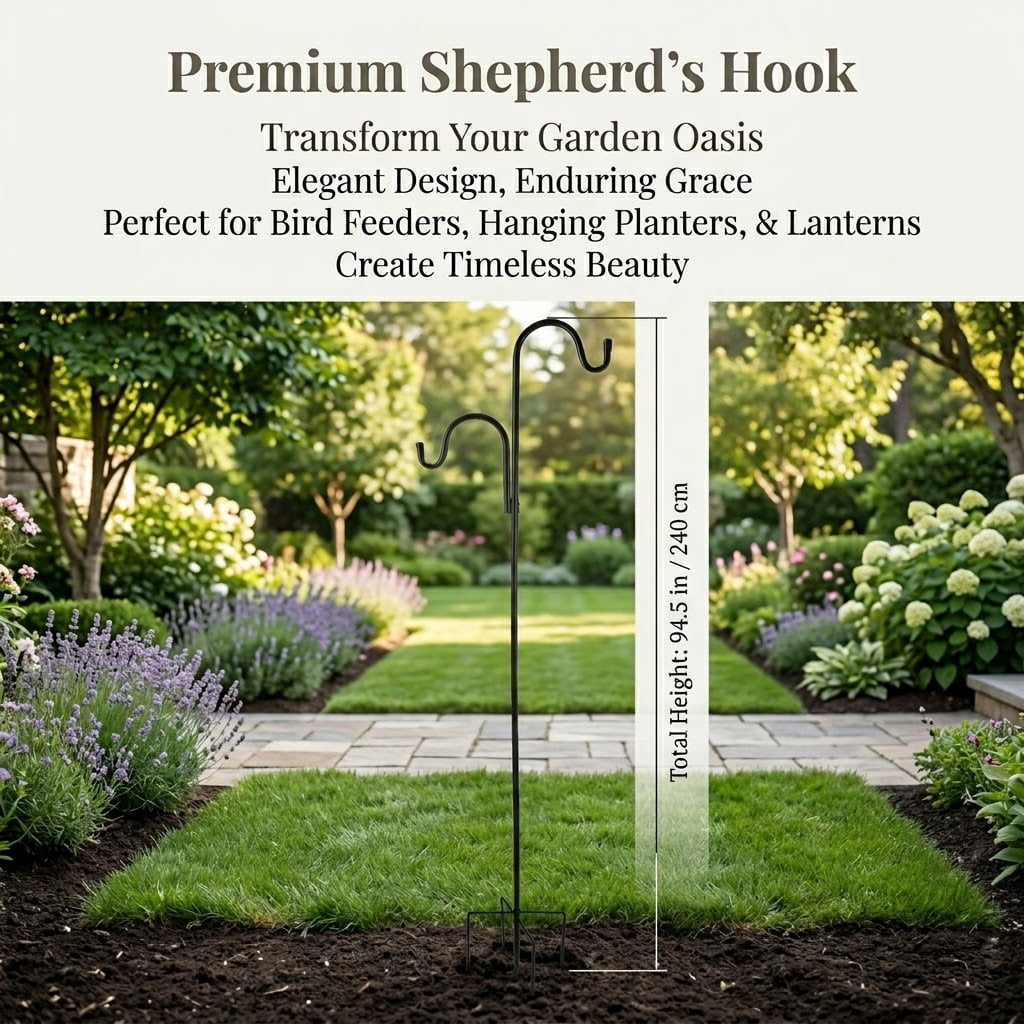 Double Shepherds Hooks for Outdoor,  2 Pack 92 Inch Bird Feeder Pole with 5 Prongs Base, Heavy Duty Garden Hook for Hanging Plant, Lantern, Hummingbird Feeder