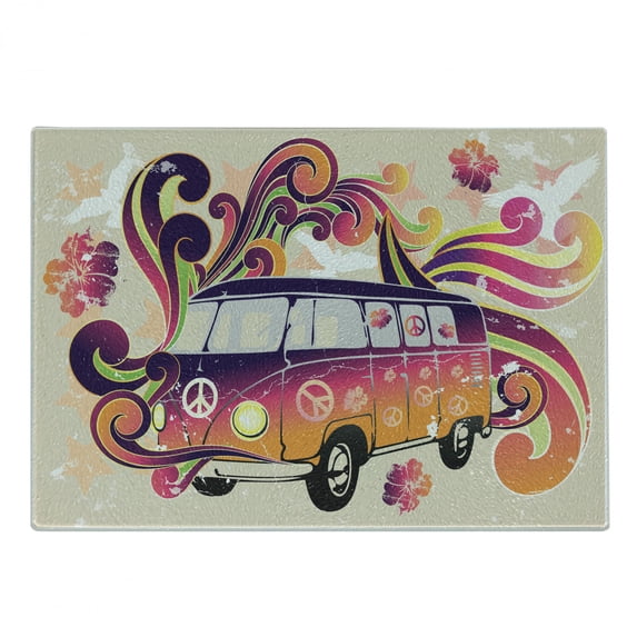 Boho Cutting Board, Peace Van Funny Minivan Explorer Caravan Paisley Antiqued Look Groovy Retro, Decorative Tempered Glass Cutting and Serving Board, Small Size, Multicolor, by Ambesonne