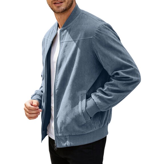 Faux Suede Men's Top Stand Up Cardigan With Soft Texture Jacket Zipper Loose Commuting Sports Windbreaker Blue 2XL