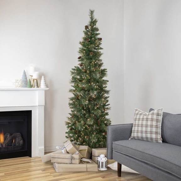 Northlight Pre-Lit Pencil Yorkshire Pine Glittered Artificial Christmas Tree - 7' - Clear Lights