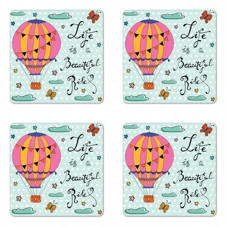 

Saying Coaster Set of 4 Life is a Ride Inspirational Phrase with Hot Air Balloon and Polka Dots Square Hardboard Gloss Coasters Standard Size Multicolor by Ambesonne