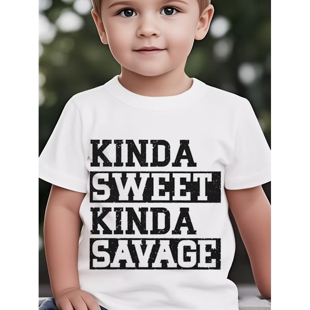 Boys' "Kinda Sweet Kinda Savage" Graphic Tee - Fashionable Round Neck T-Shirt with Bold Black Lettering & Palm Tree Applique, Perfect for Spring/Summer