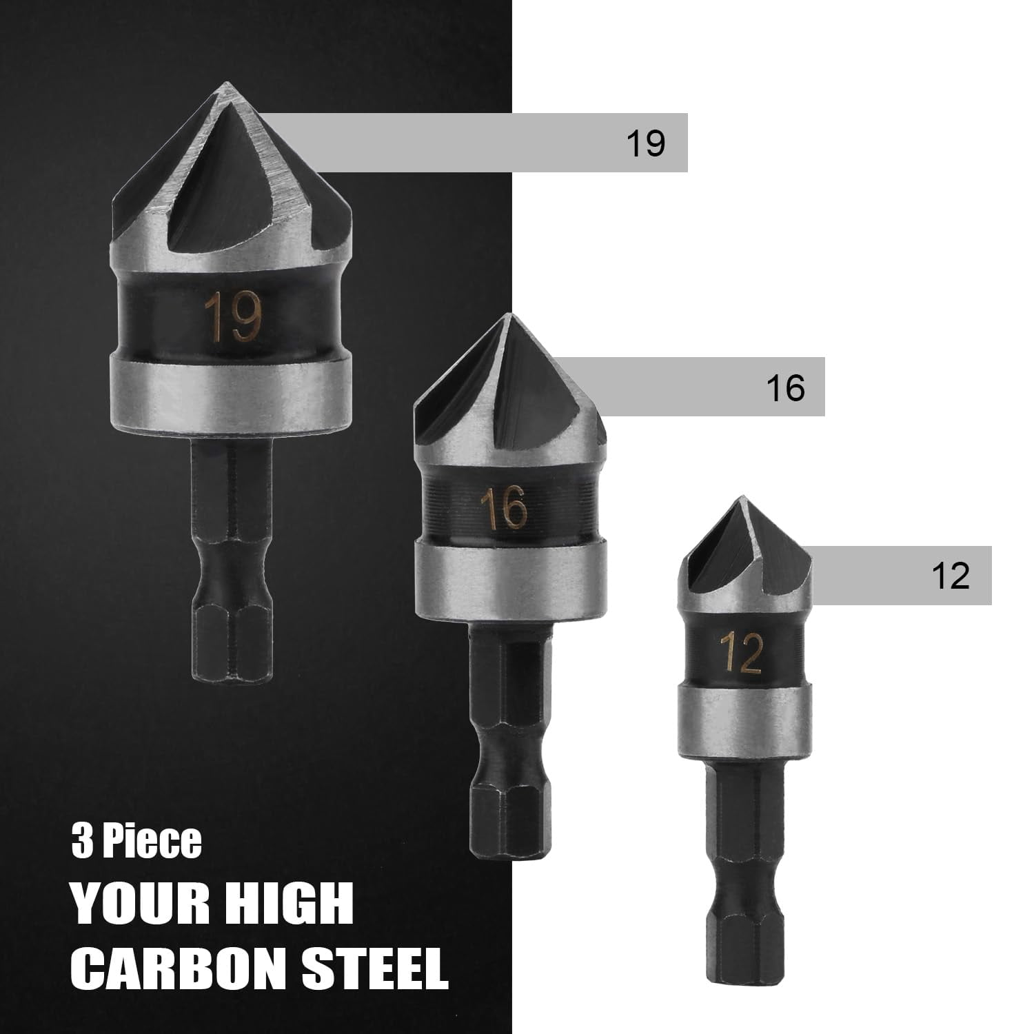 FRKSMD-Countersink Drill Bit Set 3Pcs 1/4 Inch 12/16/19mm Hex Shank 5 Flute 90 Degree Chamfering Countersink Bore Sets for Wood Metal Quick Change Bits
