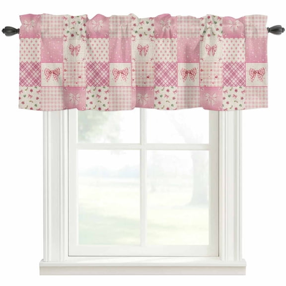 Pink Theme Valances for Windows Cute Bow Love Roses Plaid Polka Dot Patchwork Retro Rod Pocket Curtain Valance Window Treatment Short Curtains for Kitchen Living Room, 54"x18"