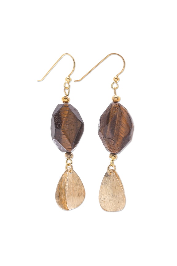 Gold-plated tiger's eye dangle earrings, 'Tiger Stripes'