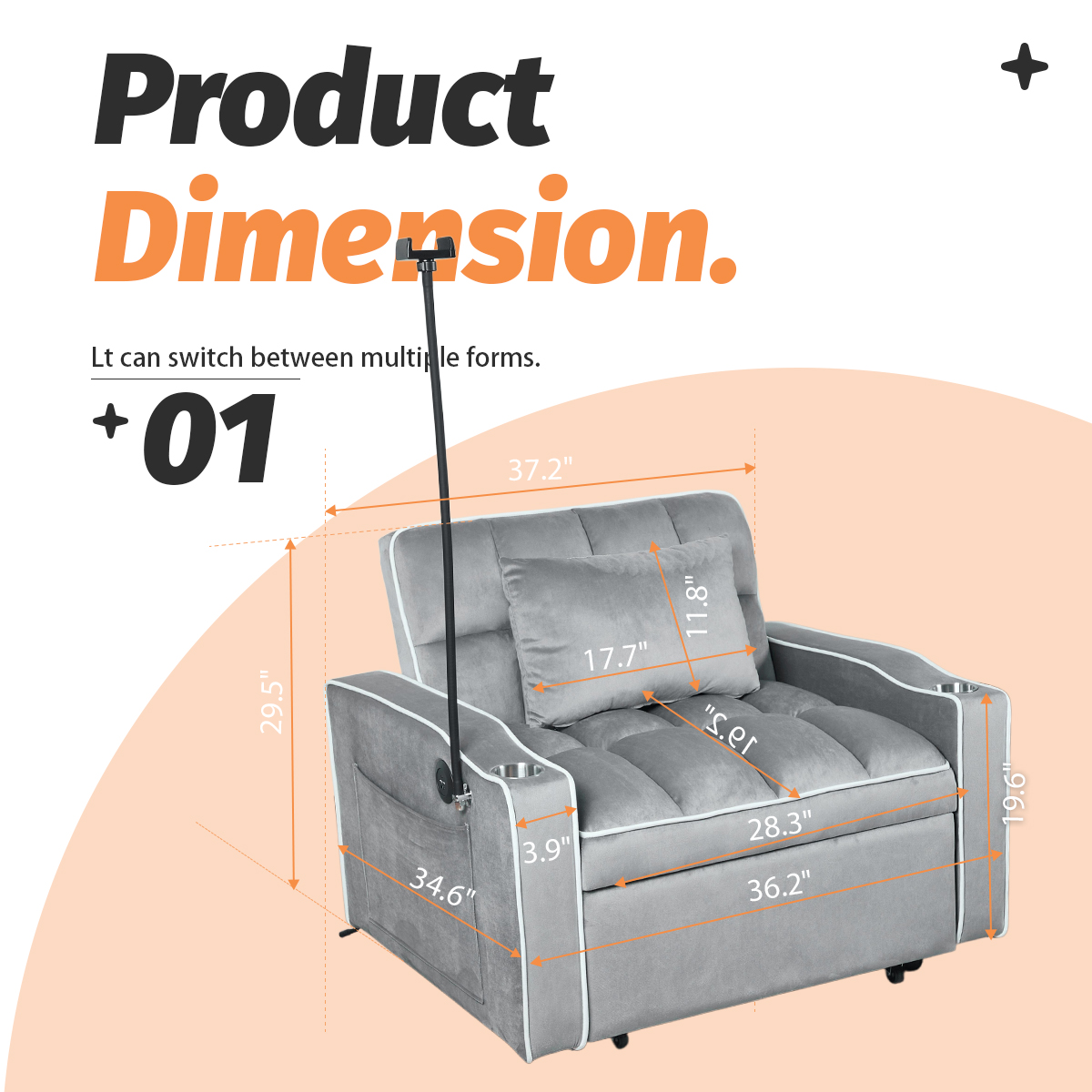 Gewnee 37.2''Convertible Sofa Bed with USB and Phone Holder,2 Cup Holders and 3 Adjustable Backrest,Suitable for Living Room,Apartment and Office.Light Grey