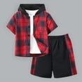 thumbnail image 3 of Godom Toddler Baby Boy Clothes Spring Summer 2 Piece Outfit Boys Clothes 2T 3T 4T 5T 6T 7T Short Sleeve Plaid Hooded Top and Shorts Sets,Red, 3 of 7