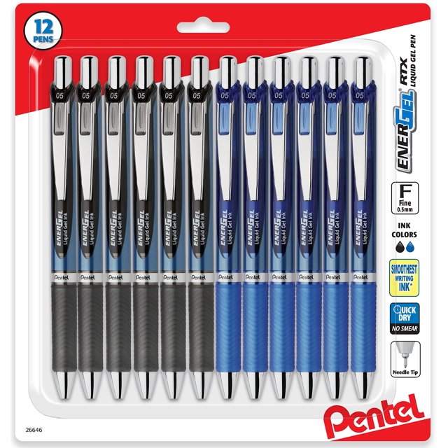 Bolígrafo Pentel Energel RTX con punta de aguja de 0,5 mm, negro y azul, paquete de 12