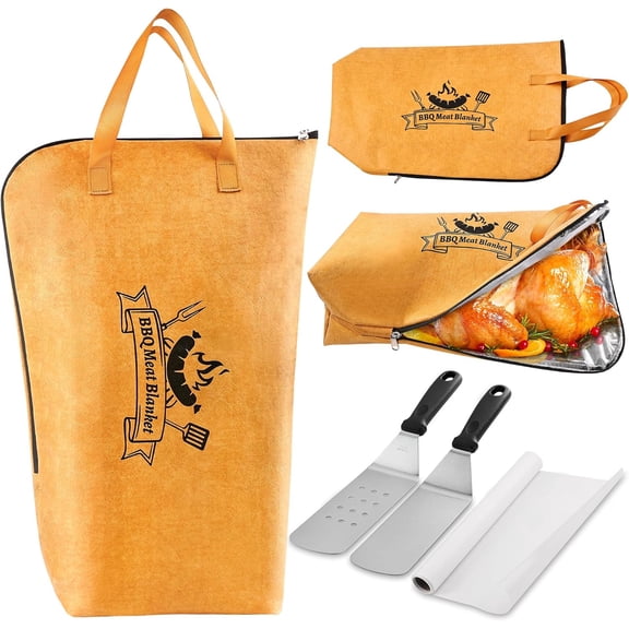 Grilljoy 4PCS Griddle Accessories Set - BBQ Blanket for Resting Meat, Meat Resting Blanket with Stainless Steel Griddle Spatula & Silicone Oil Paper, Essential Smoker Accessories for BBQ Lovers