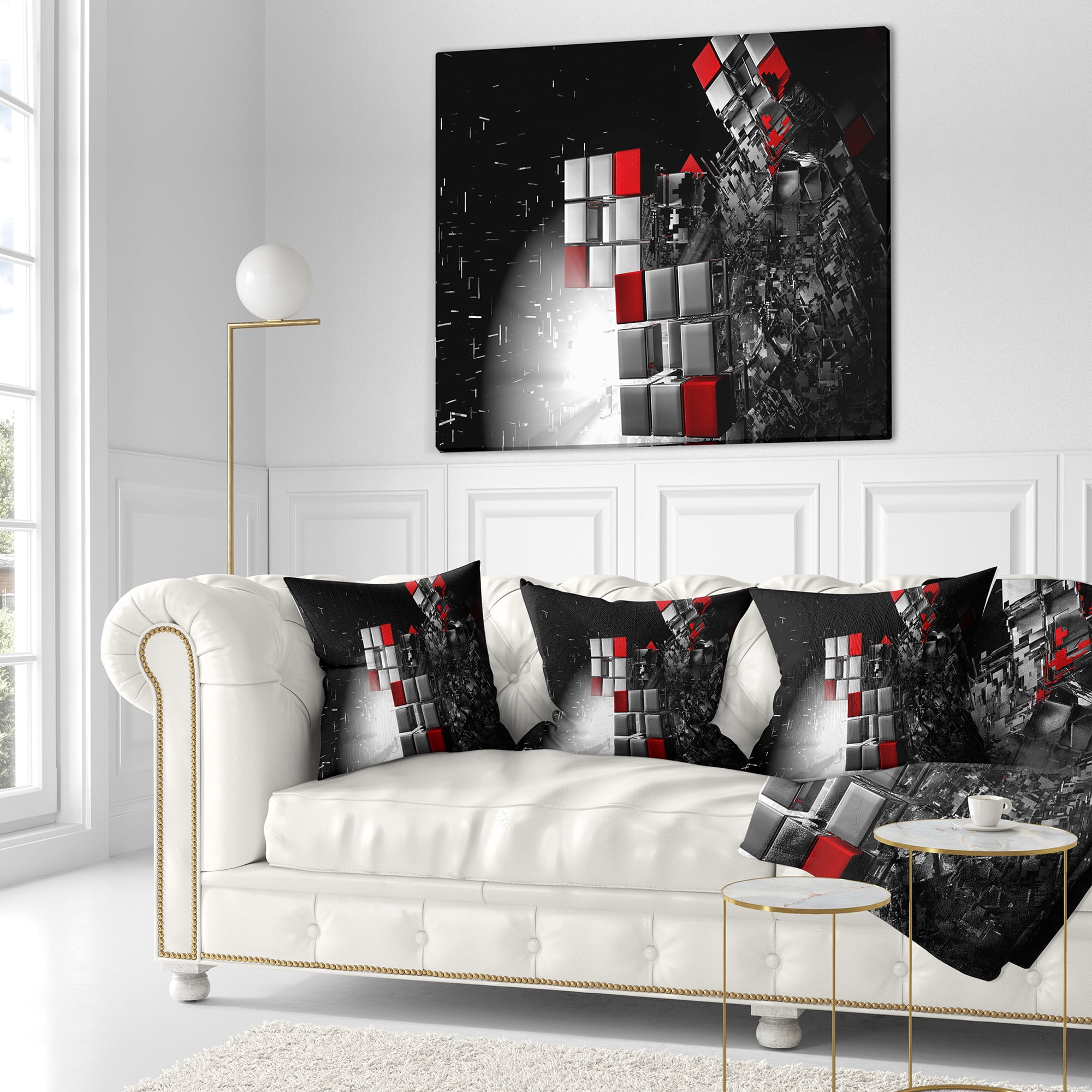Designart Fractal 3D Red White Cubes - Contemporary Throw Pillow - 18x18