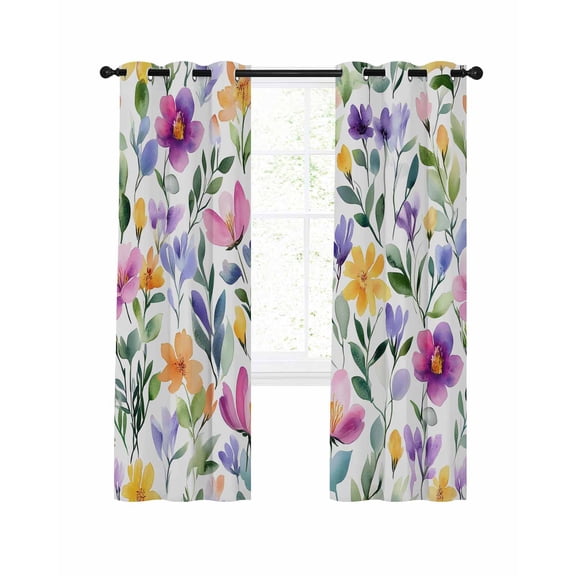 Watercolor Floral Blackout Curtains, Light Blocking Print Window Curtains, Purple Flower Leaf Spring Summer Thermal Insulated Window Drapes for Living Room Kitchen Cafe 2 Panels, 84"W x 84"L