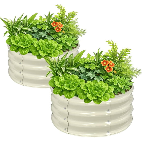 ETHFRF 2 PCS Galvanized Raised Garden Beds Outdoor, 2x2x1ft Round Raised Planter Boxes Outdoor, Metal Raised Garden Bed for Vegetables (White)
