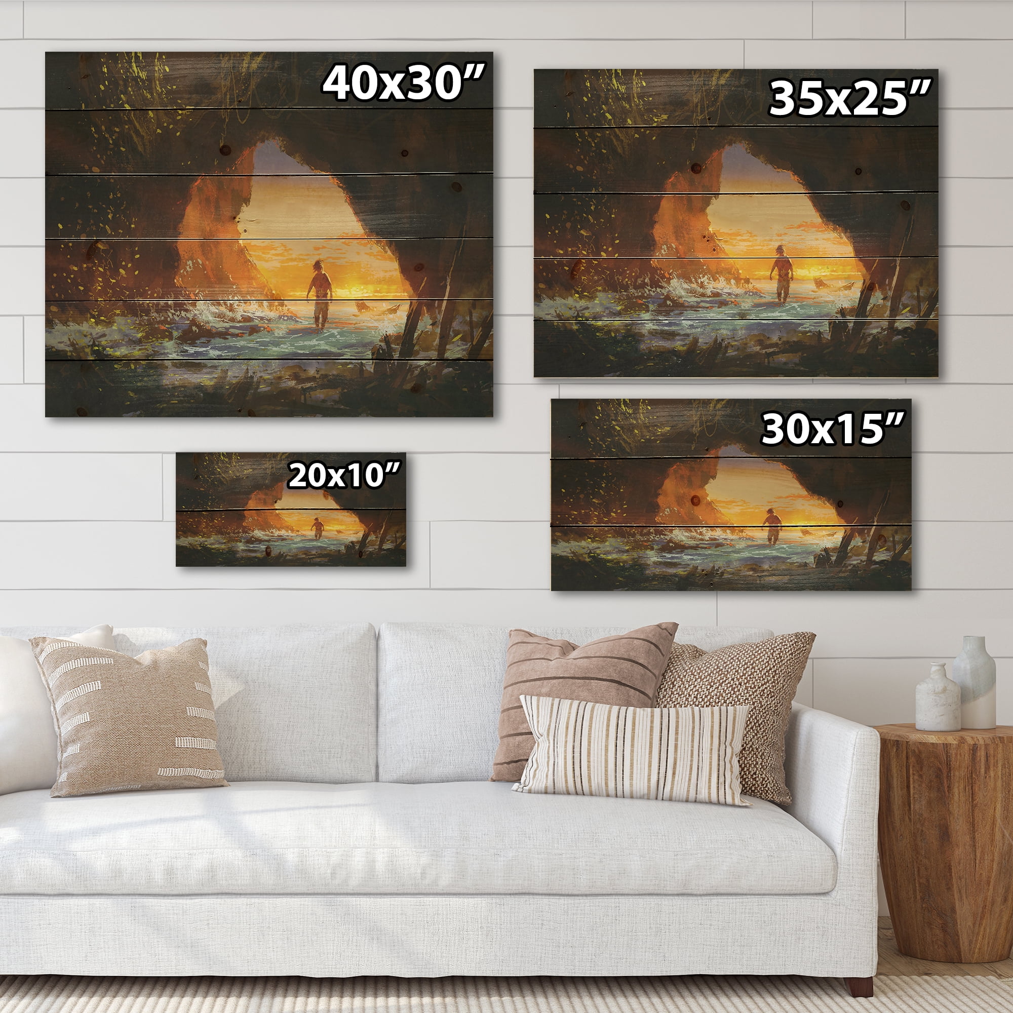 Designart 'The Sea Cave At Sunset With The Man Walking In' Nautical & Coastal Print on Natural Pine Wood