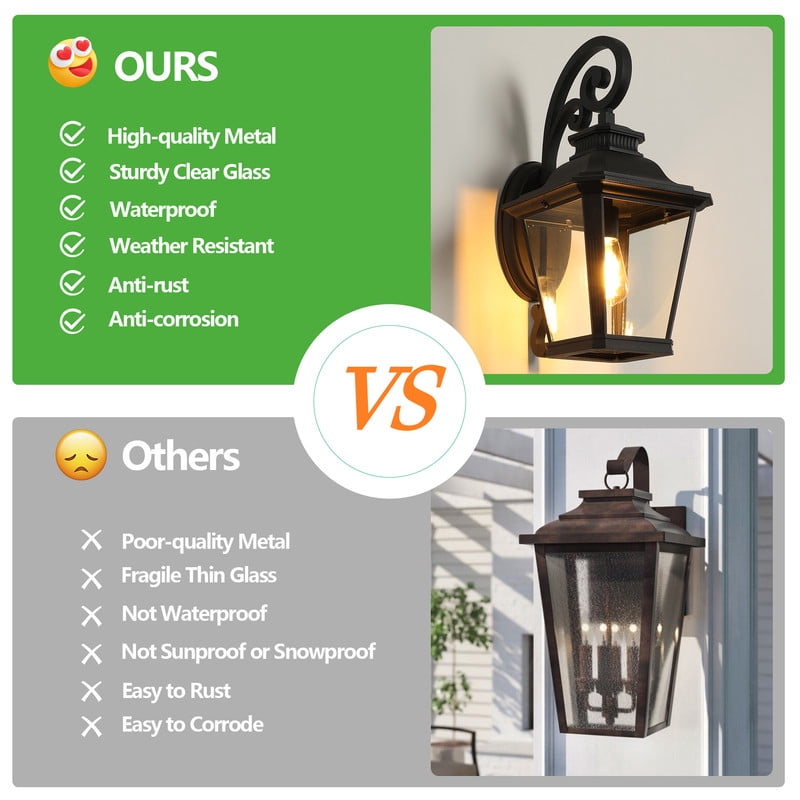 14" Outdoor Wall Lanterns 2-Pack, Vintage Black Exterior Light Fixtures with Clear Glass, Waterproof Wall Sconces for Porch, Patio, Garden, or Doorway (E26 Bulbs Not Included)