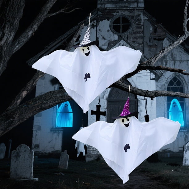 Decoración colgante de fantasmas de Halloween | Atrezzo plegable de papel, fantasma con luz brillante, duradero, 35,4"x27,5", blanco y morado, interior exterior, fácil de instalar, decoración