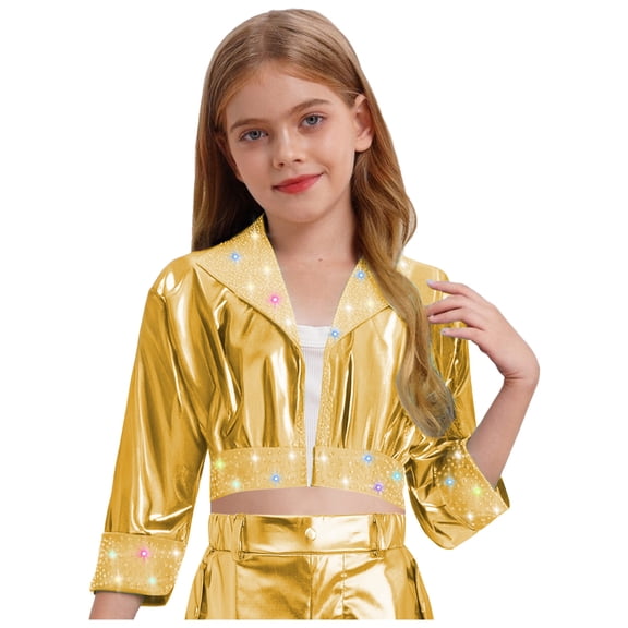 Zaldita Kids Girls Shiny Rhinestone Metallic Jacket Disco Jazz Hip Hop Dance Crop Top Rave Party Festival Outerwear Gold 14