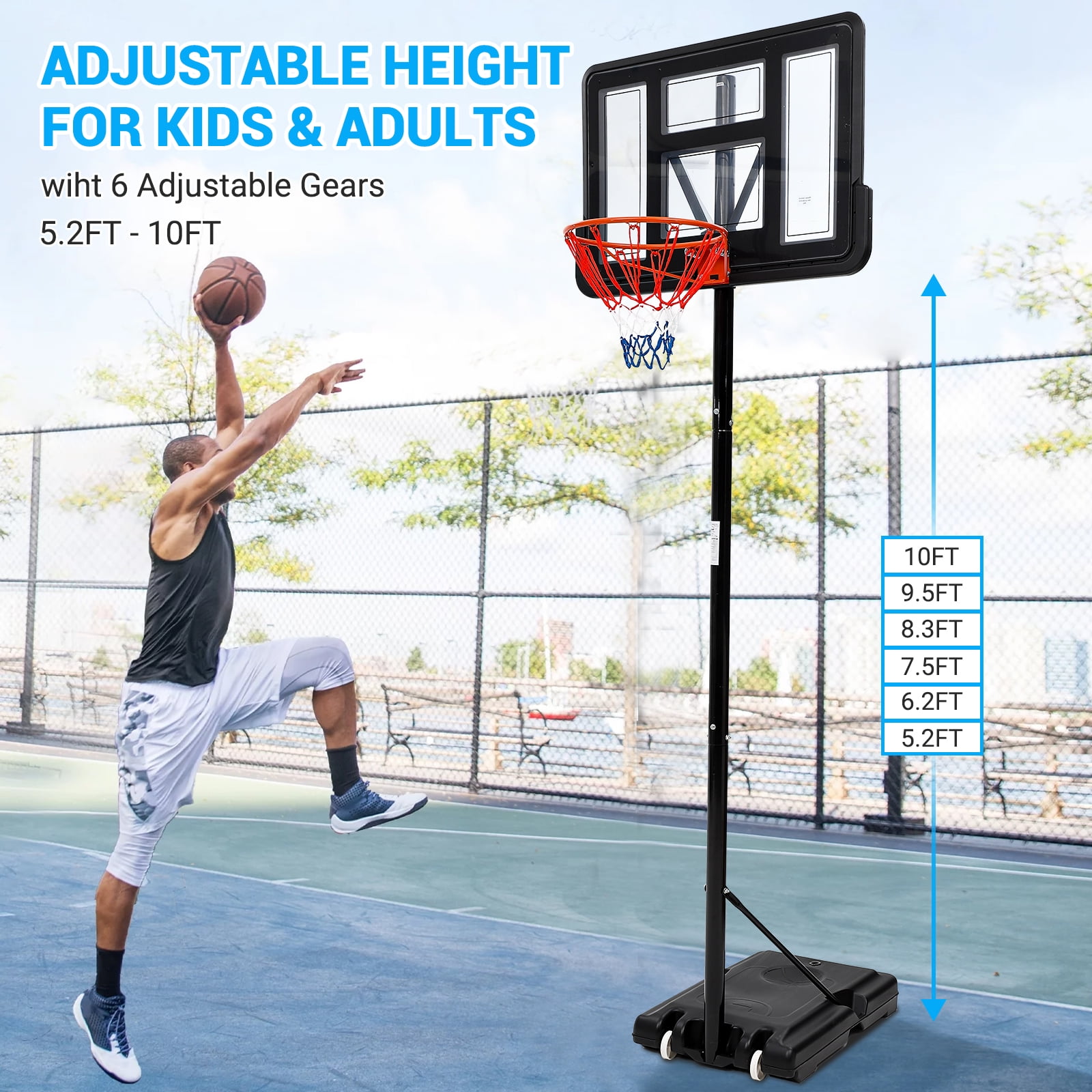 DSstyles Adjustable Basketball Outdoor 5.2-10 ft Adjustable Basketball with Wheels & Portable & Weather Resistant for Home Recreational
