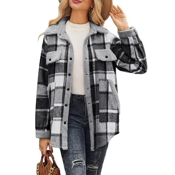 Womens Fall Fashion Flannel Shackets Plaid Button Down Jacket Casual Long Sleeve Fleece Shirt with Pockets Dark Gray S