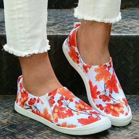 

NEGJ Ladies Lazy Slip On Casual Shoes Maple Leaf Pumpkin Pattern Low Top Shoes Soft Sole Massage Flat Sne