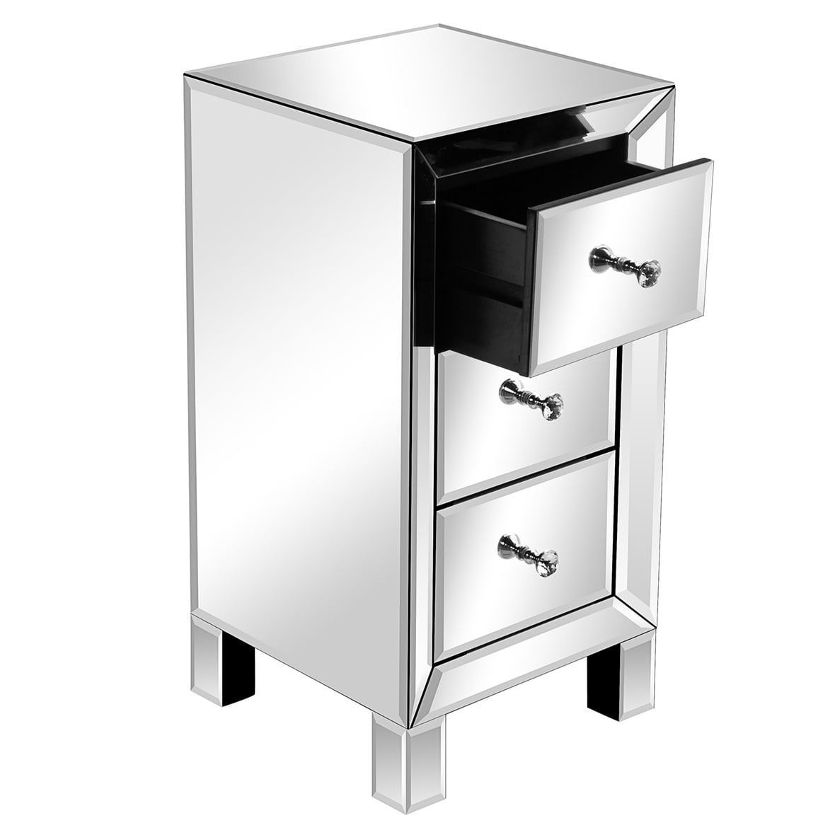 3-Drawer Mirrored Bedside Table MDF Cabinet with Mirrored Drawers, Silver