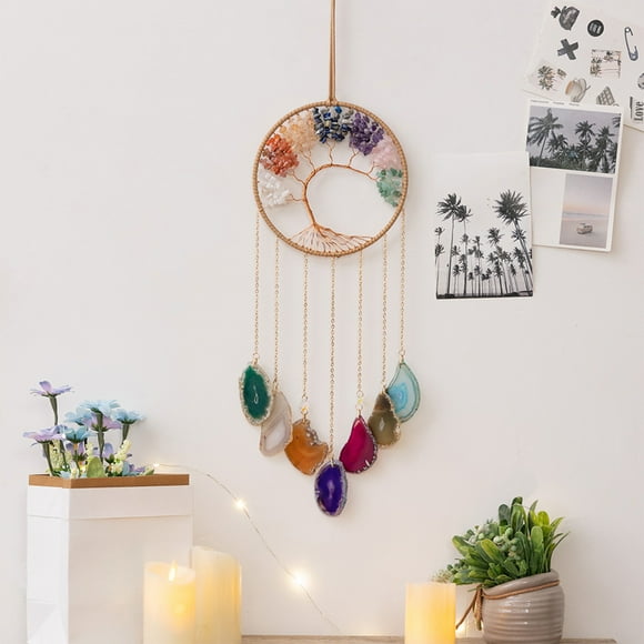 Summer Saving,Natural Crystal Crushed Stones Tree of Life Catcher, Agate Slices and Alloy Chain, Handcrafted Window Hanging Decoration for Healing and Prosperity, | Stone, Multicolor-919 $BS$3