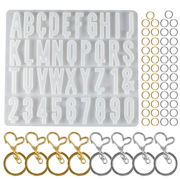 DIY Epoxy Resin Ornament Making Kit 26 Letter Mould with 50 Jump Rings, 8 Heart Keychains for Custom Pendant Crafts