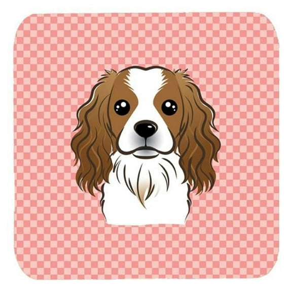 3.5 x 3.5 In. Checkerboard Pink Cavalier Spaniel Foam Coasters, Set Of 4