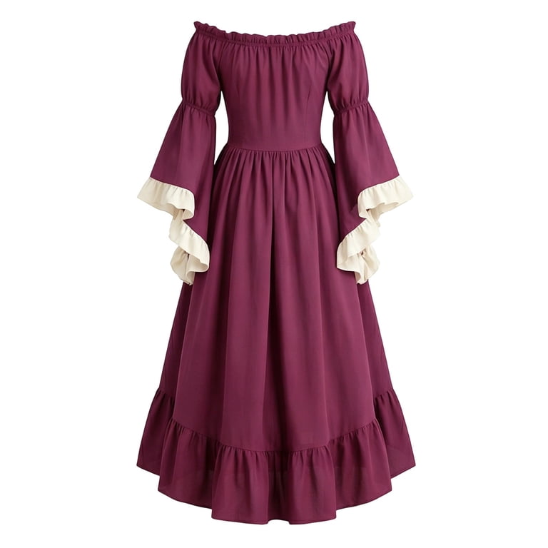 Fnfyfh Women Renaissance Costumes Off Shoulder Ruffle Lace Up Corset Dress Layer Irregular Hem Medieval Maxi Dress, Women's, Size: 2XL, Pink