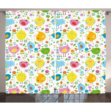 Kids Curtains 2 Panels Set Colorful Cute Spring Birds With