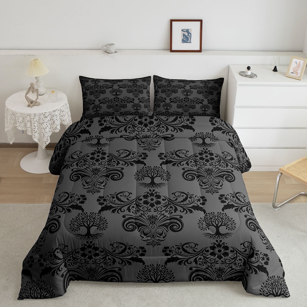 Erosebridal Damask Dragon Bathroom Rug 16x24 | Bohemian Gothic Bath Mat, Non-Slip, Machine Washable