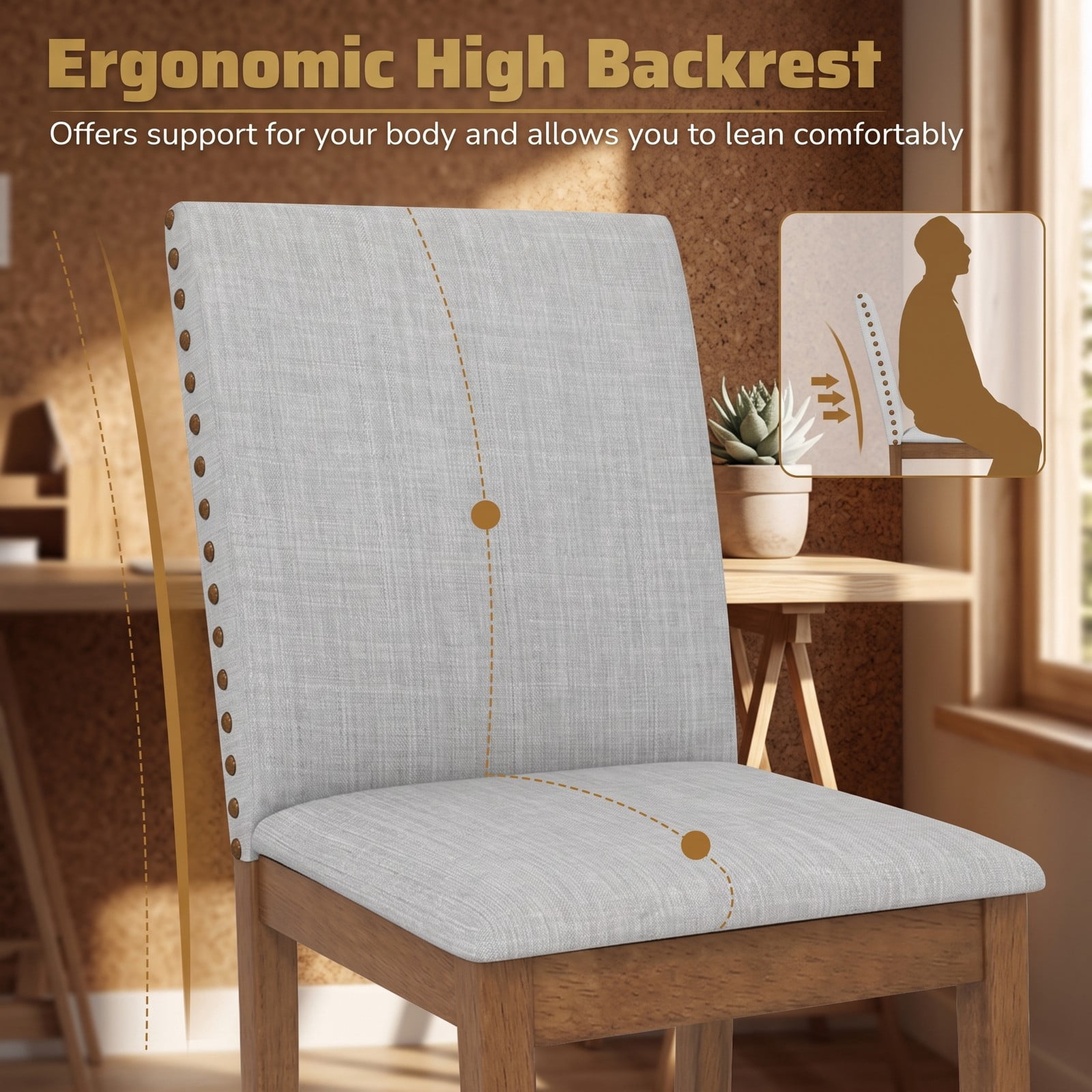 Furnibear Set of 2 Upholstered Dining Chairs, Rubber Wood Faux Linen Fabric Accent Side Chairs with Padded Seat and Nailhead Trim for Dining Room, Ash Gray & Walnut