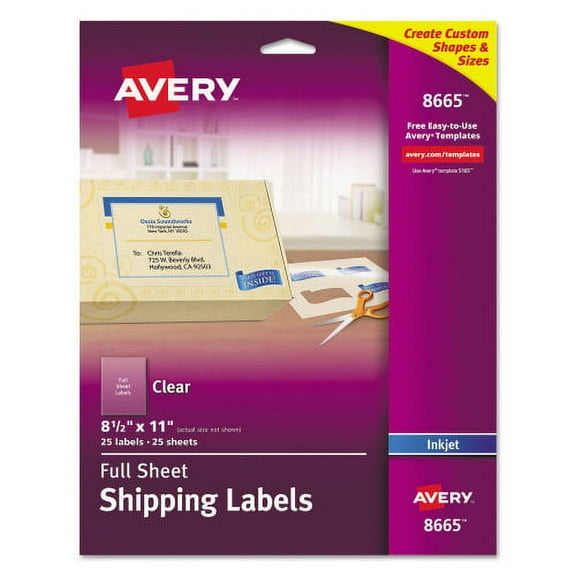 Avery Matte Clear Shipping Labels, Inkjet Printers, 8.5 x 11, Clear, 25/Pack, Each