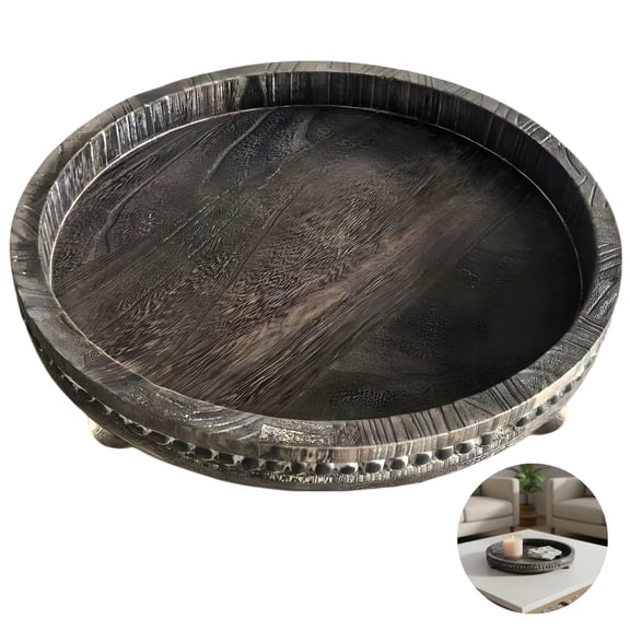 Round Wooden Beaded Tray, 11.8 in Rustic Decorative Tray for Coffee Table Decor, Farmhouse Pedestal Tray with 3 Legs, Raised Edge, Serving Tray for Home Decor
