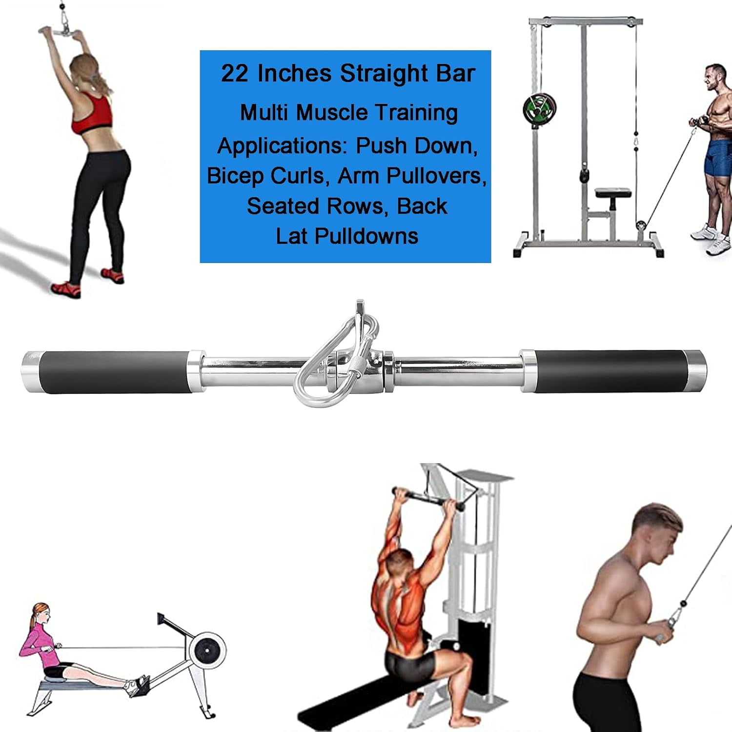 Rotating Straight Bar, Heavy Duty   Attachments for Tricep Pushdown Bicep Curls, 22 Inch  Steel Weightlifting Bar with Rubber Grips