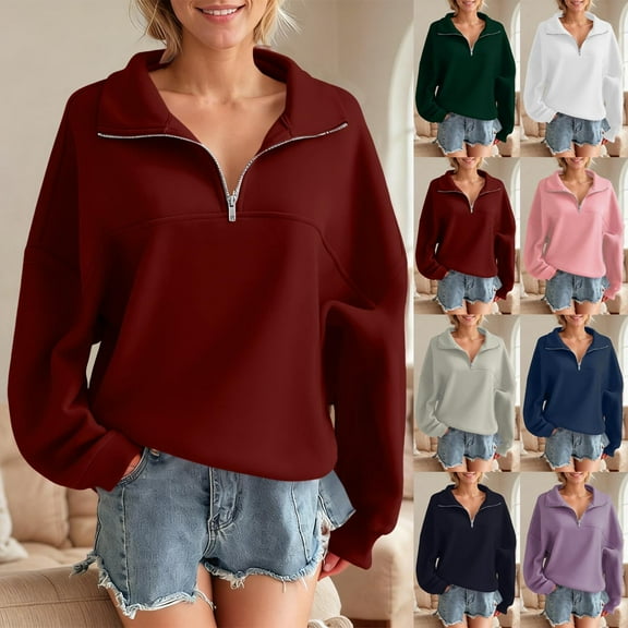Womens Half Zip Oversized Sweatshirts Trendy Long Sleeve Fleece Pullover Tops Y2k Fall Outfits Lightweight Sweatshirt