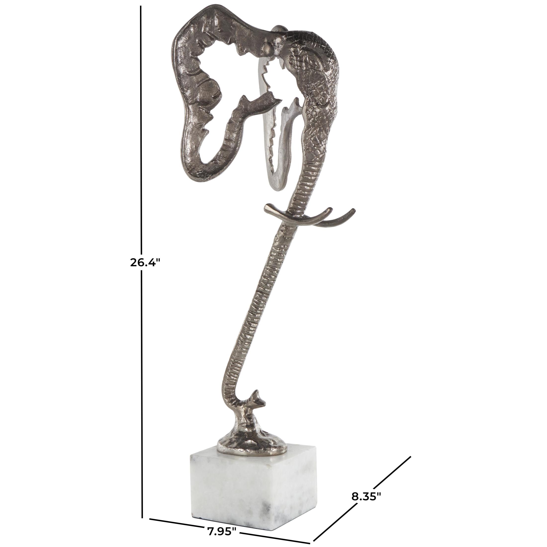 8" x 26" Silver Aluminum Metal Tall Cutout Silhouette Elephant Sculpture with Marble Base, by DecMode
