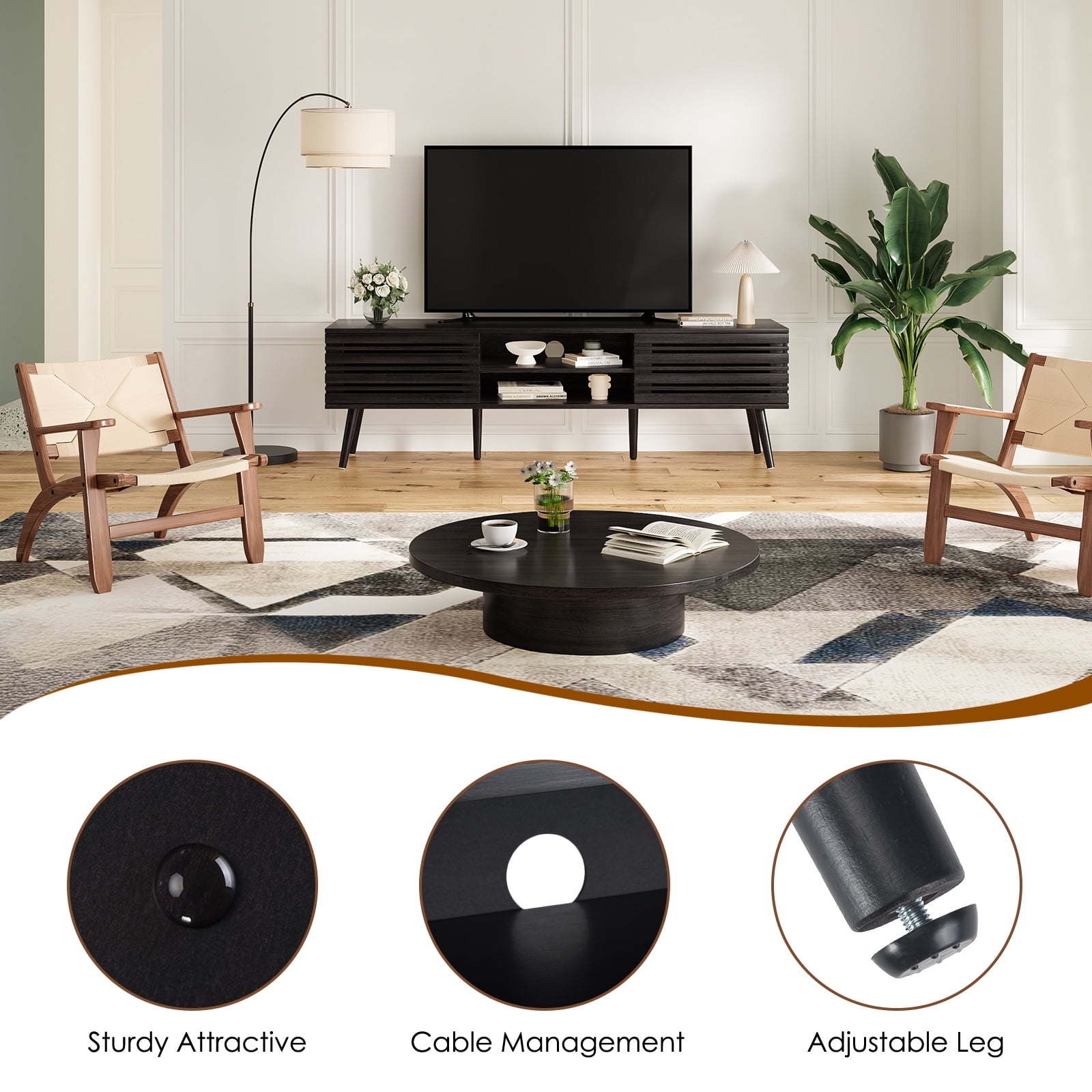 Hommoo Mid Century Modern TV Stands up to 70", Wooden Home Entertainment Center TV Console Cabinet with Sliding Tambour Door & Adjustable Shelves, Black