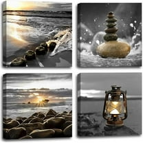 -Canvas Zen Décor Black and White Beach Wall Art Ocean Poste Seascape Picture Print Sunset Scenery Painting Artwork for Living Room Wall Decor Bedroom Bathroom Wall Home Decorations Framed