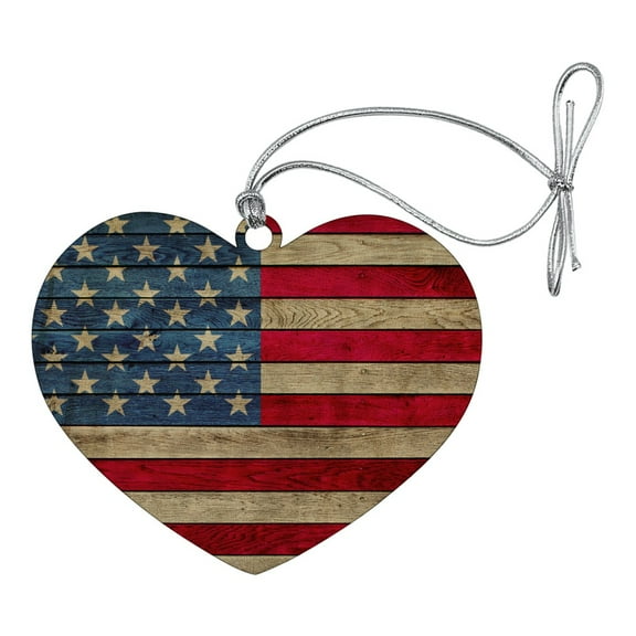 Rustic American Flag Wood Grain Design Heart Love Wood Christmas Tree Holiday Ornament