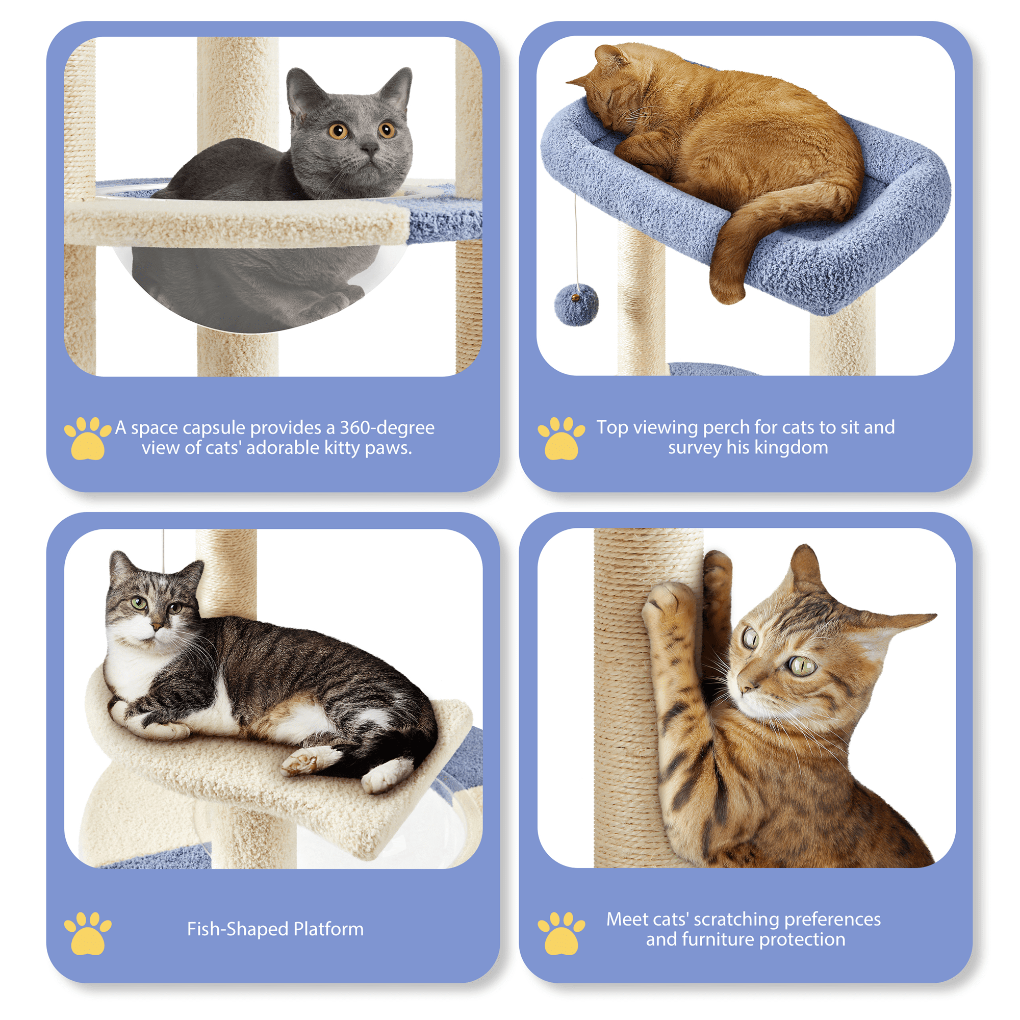 Yaheetech 35.6″ Tall Ocean Cat Tree with Detachable Clear Bowl, Blue/Beige