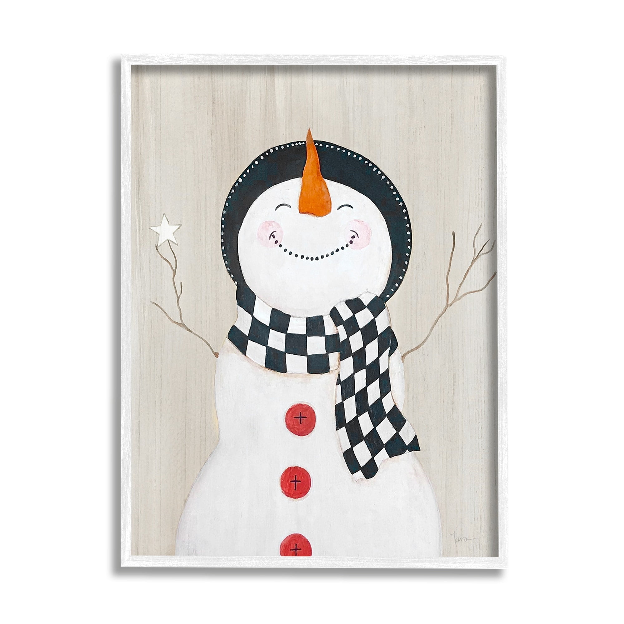 Stupell Industries Happy Smile Winter Snowman Holiday Painting White Framed Art Print Wall Art